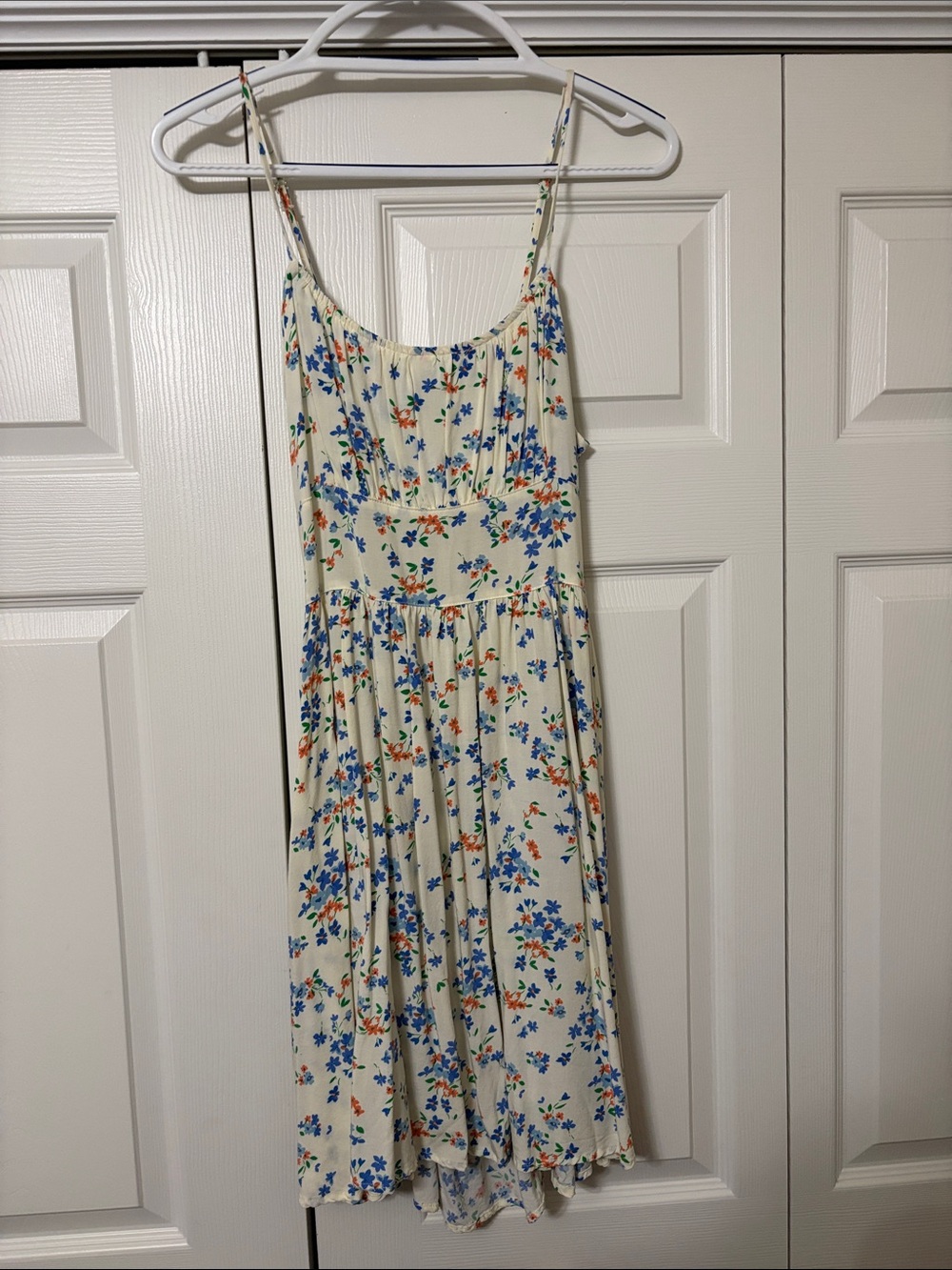 Cream Floral Spaghetti-Strap Open Back Midi Dress with Blue & Orange Blooms